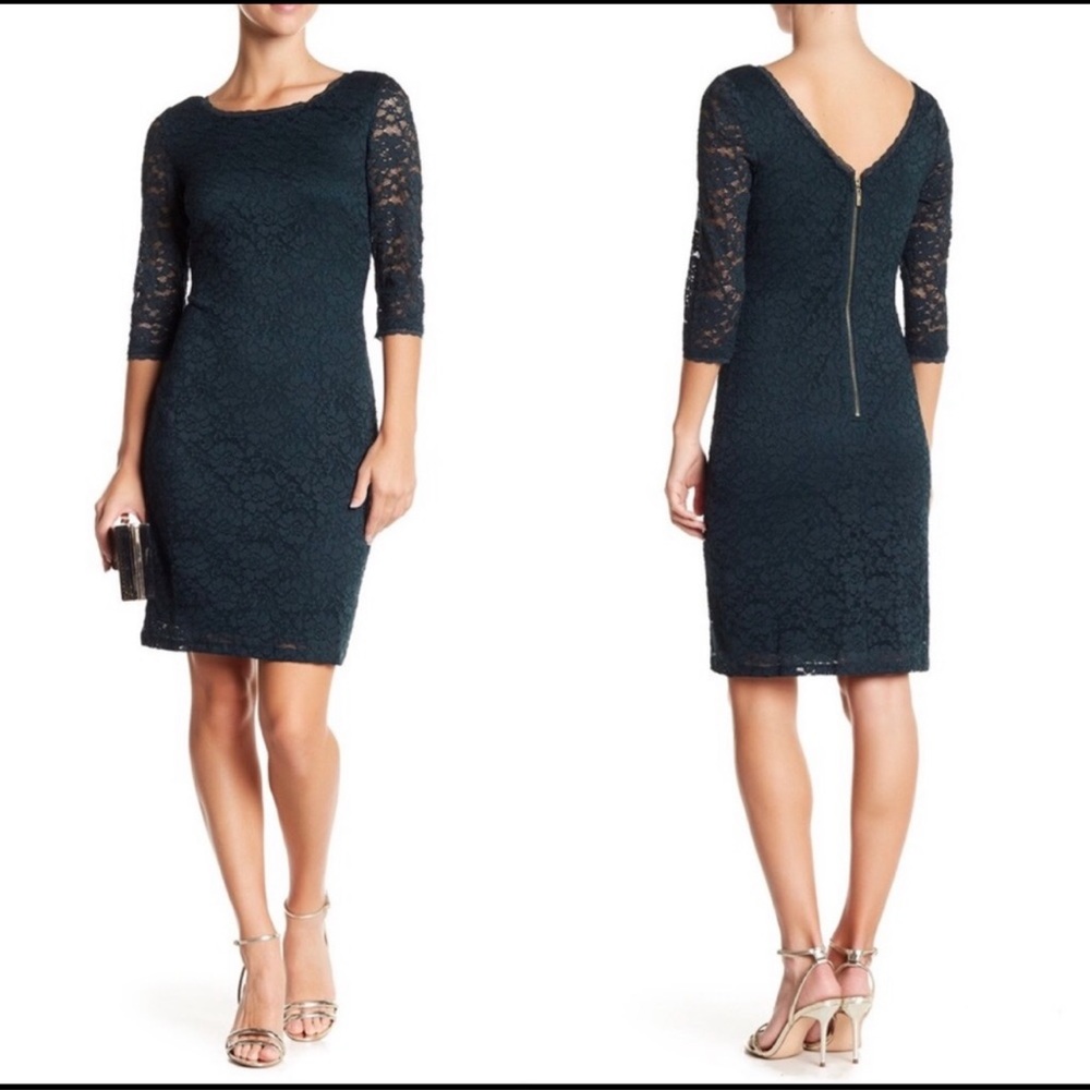 Eliza J Emerald Green Lace 3/4 Sleeve Boat Neck Sheath Cocktail Dress